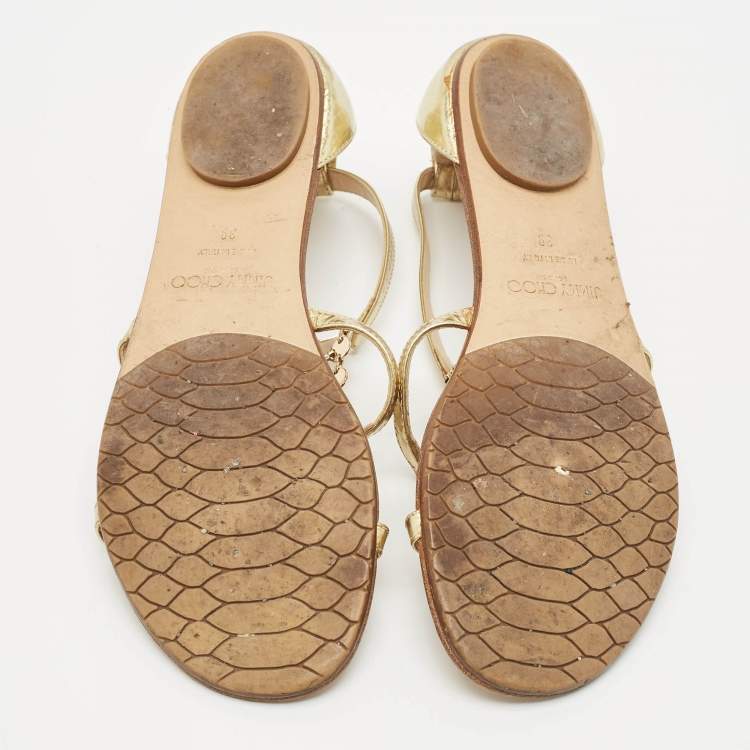 مملوكة مسبقًا Jimmy Choo Gold Patent Leather Embellished T Strap Flat Sandals Size 39