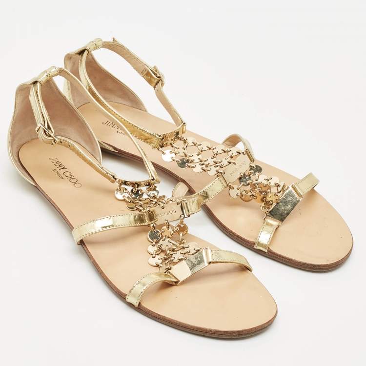 مملوكة مسبقًا Jimmy Choo Gold Patent Leather Embellished T Strap Flat Sandals Size 39