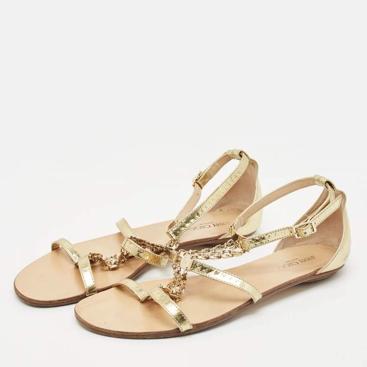 مملوكة مسبقًا Jimmy Choo Gold Patent Leather Embellished T Strap Flat Sandals Size 39