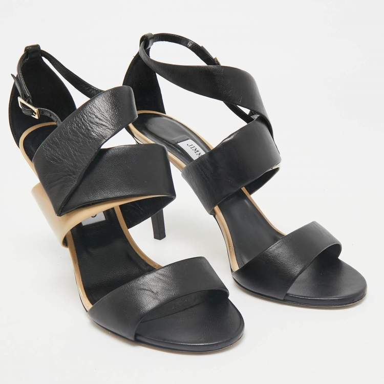 Pre Owned Jimmy Choo Black/Beige Leather Trapeze Strappy Sandals Size 40