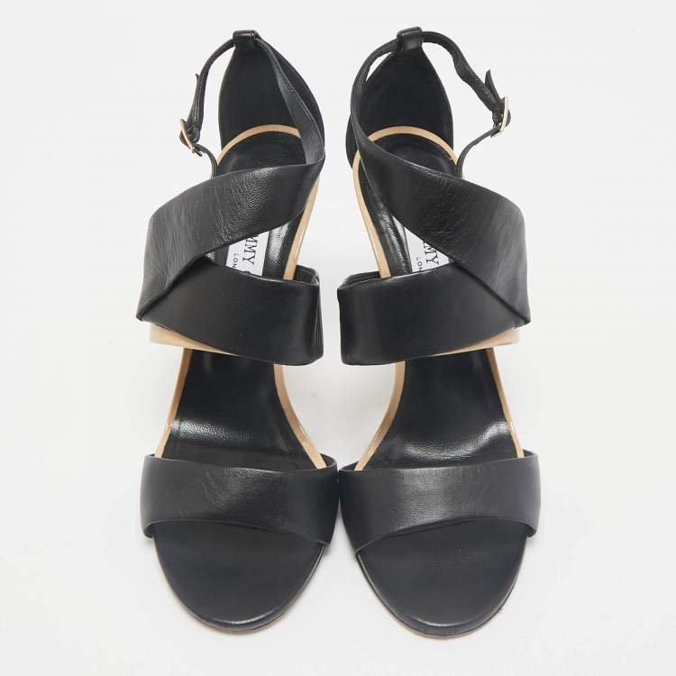Pre Owned Jimmy Choo Black/Beige Leather Trapeze Strappy Sandals Size 40