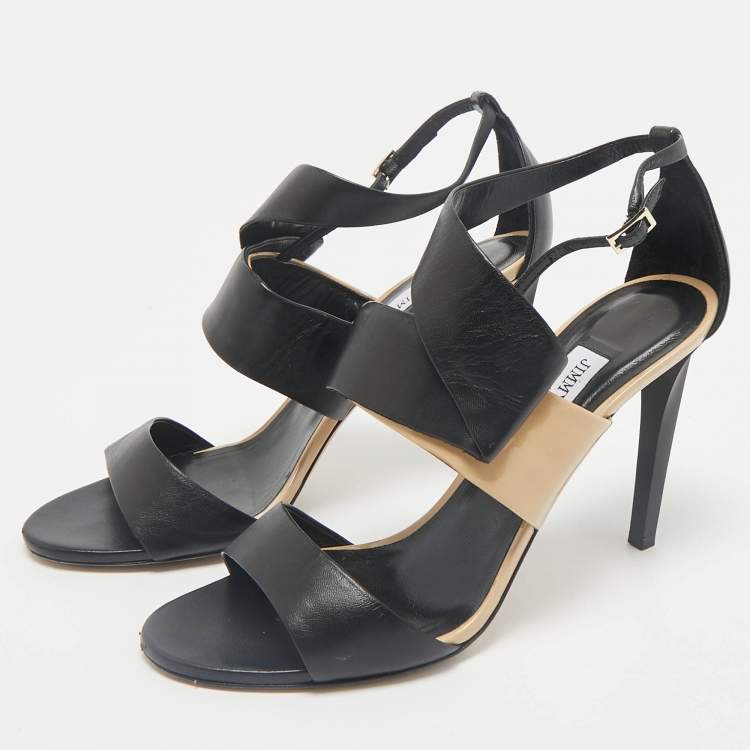 Pre Owned Jimmy Choo Black/Beige Leather Trapeze Strappy Sandals Size 40