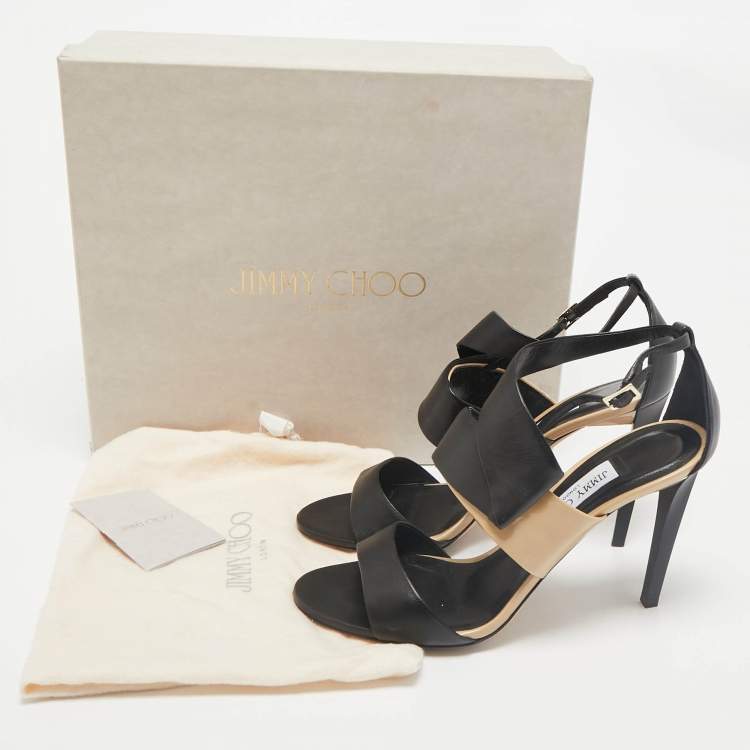 Pre Owned Jimmy Choo Black/Beige Leather Trapeze Strappy Sandals Size 40