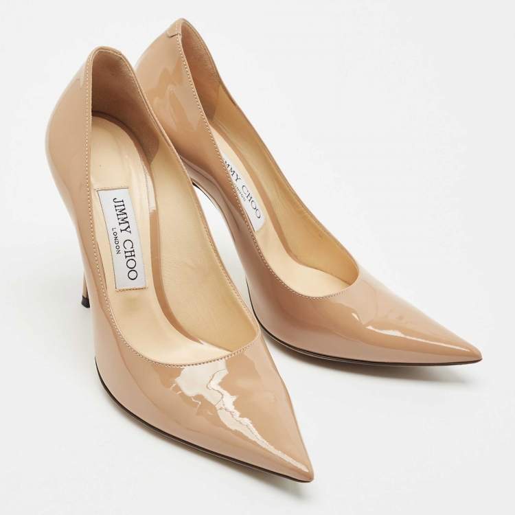 Pre Owned Jimmy Choo Beige Patent Leather Romy Pointed Toe Pumps Size 37.5