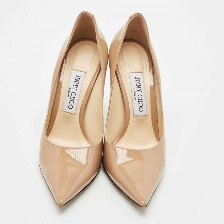 Pre Owned Jimmy Choo Beige Patent Leather Romy Pointed Toe Pumps Size 37.5
