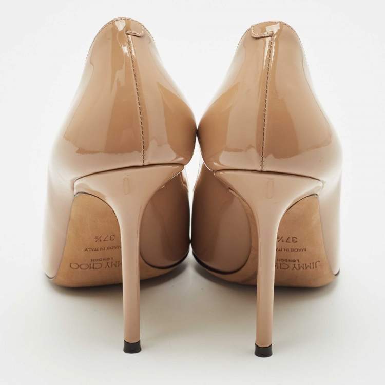 Pre Owned Jimmy Choo Beige Patent Leather Romy Pointed Toe Pumps Size 37.5