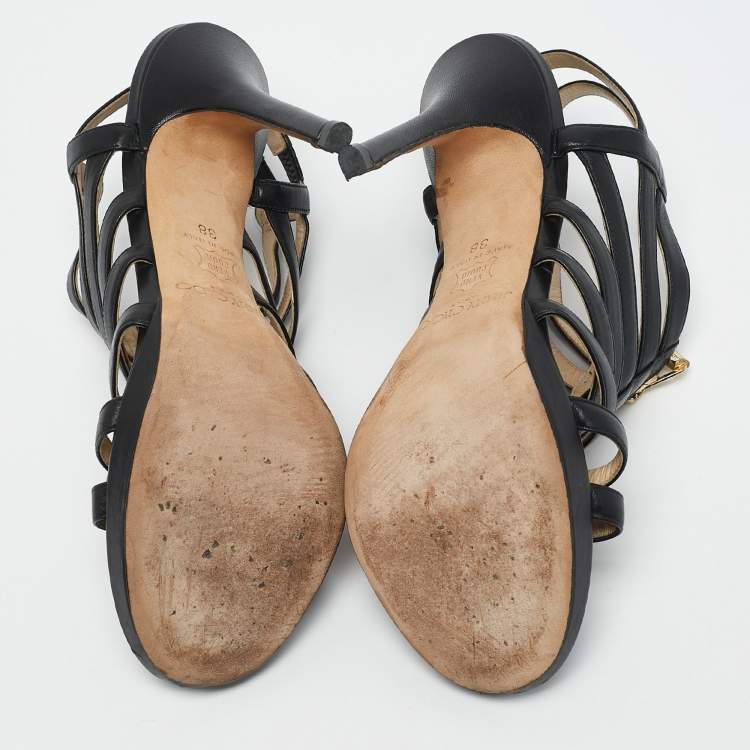 Pre Owned Jimmy Choo Black Leather Glenys Gladiator Sandals Size 38