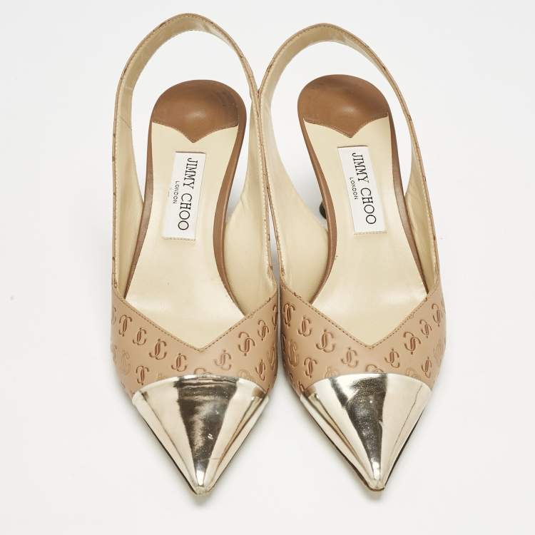Pre Owned Jimmy Choo Beige Logo Embossed Leather And Patent Sling Back Pumps Size 41