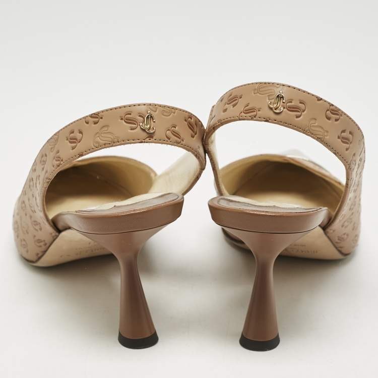 Pre Owned Jimmy Choo Beige Logo Embossed Leather And Patent Sling Back Pumps Size 41