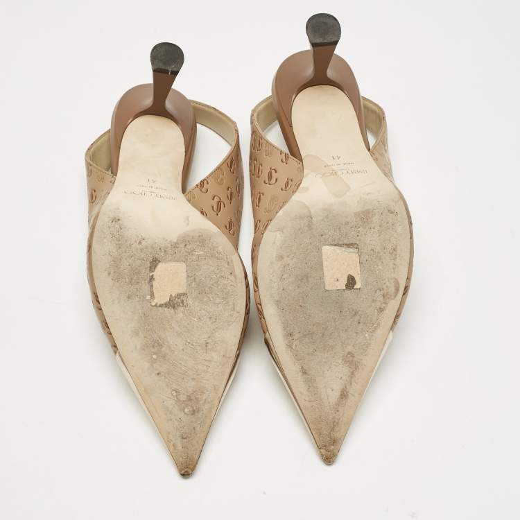 Pre Owned Jimmy Choo Beige Logo Embossed Leather And Patent Sling Back Pumps Size 41