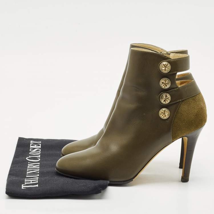 Pre Owned Jimmy Choo Olive Green Leather and Suede Troop Booties Size 36