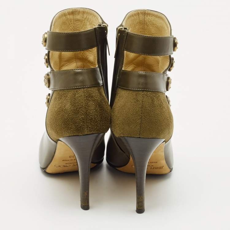 Pre Owned Jimmy Choo Olive Green Leather and Suede Troop Booties Size 36