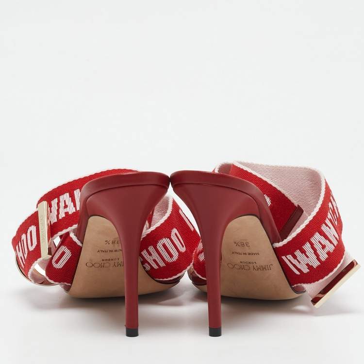 Pre Owned Jimmy Choo Red/Pink Canvas and Leather Bailey Sandals Size 38.5