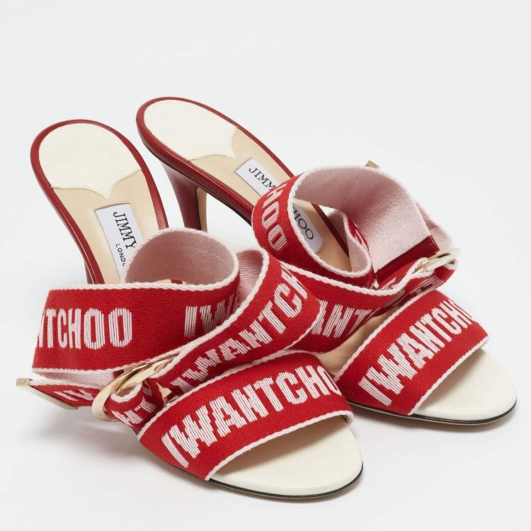 Pre Owned Jimmy Choo Red/Pink Canvas and Leather Bailey Sandals Size 38.5