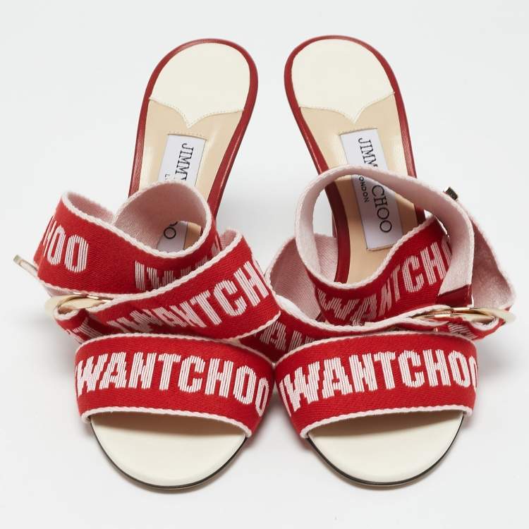 Pre Owned Jimmy Choo Red/Pink Canvas and Leather Bailey Sandals Size 38.5