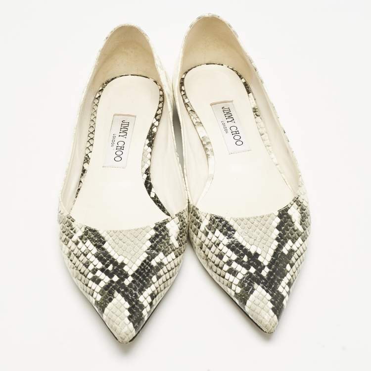 Pre Owned Jimmy Choo Grey/White Python Embossed Leather Romy Ballet Flats Size 39.5