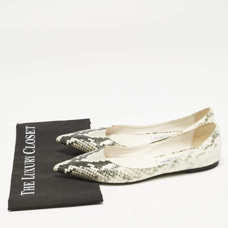 Pre Owned Jimmy Choo Grey/White Python Embossed Leather Romy Ballet Flats Size 39.5