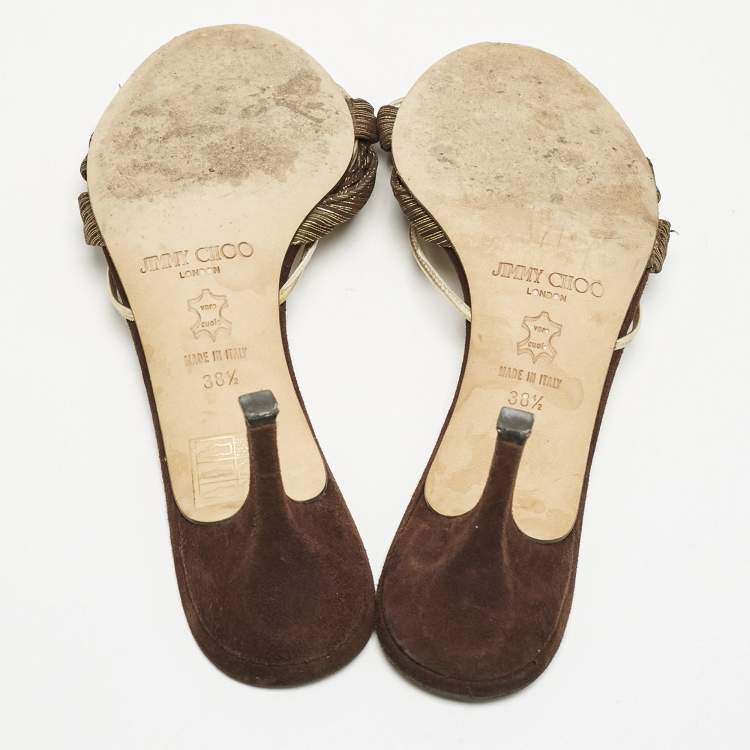 Pre Owned Jimmy Choo Brown/Gold Fabric and Leather Slide Sandals Size 38.5