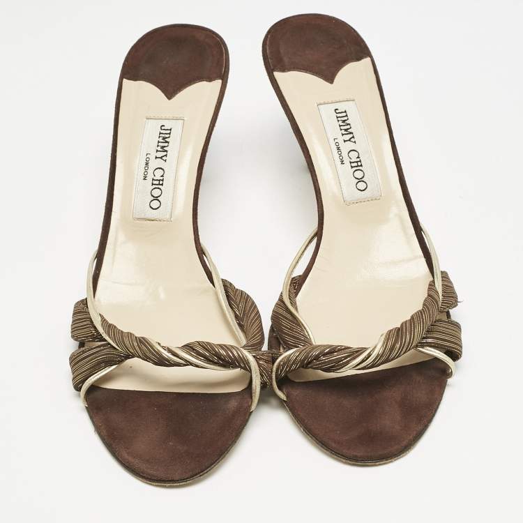 Pre Owned Jimmy Choo Brown/Gold Fabric and Leather Slide Sandals Size 38.5