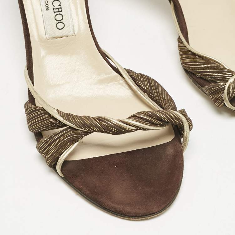Pre Owned Jimmy Choo Brown/Gold Fabric and Leather Slide Sandals Size 38.5