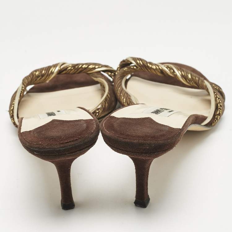 Pre Owned Jimmy Choo Brown/Gold Fabric and Leather Slide Sandals Size 38.5
