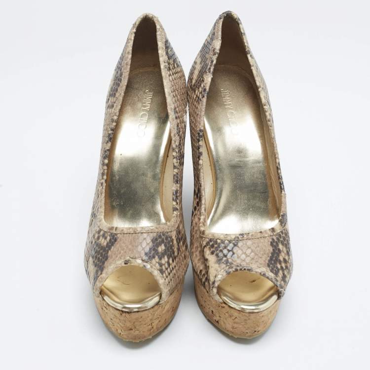 Pre Owned Jimmy Choo Beige Python Embossed Leather Papina Cork Wedge Pumps Size 39