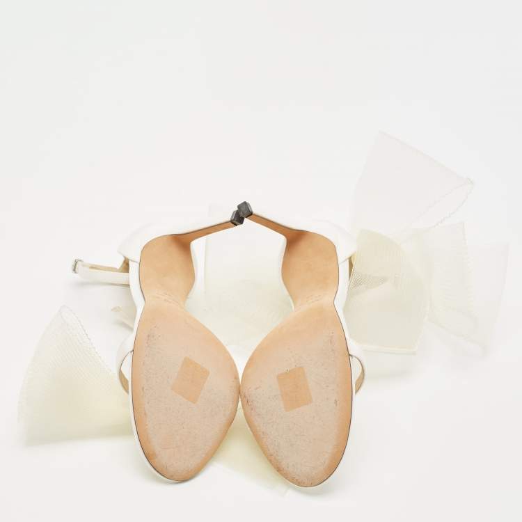 Pre Owned Jimmy Choo White Canvas and Mesh Aveline Bow Ankle Strap Pumps Size 38