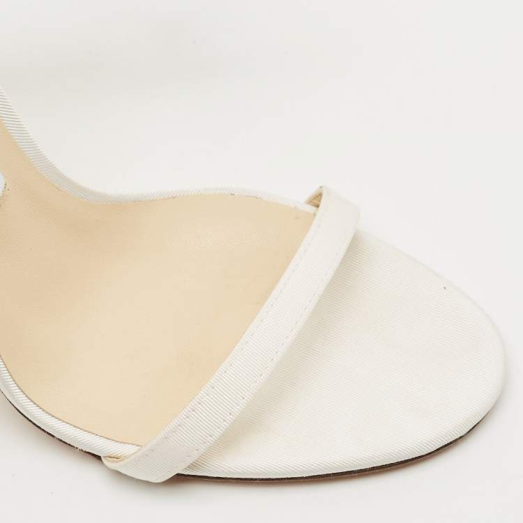 Pre Owned Jimmy Choo White Canvas and Mesh Aveline Bow Ankle Strap Pumps Size 38
