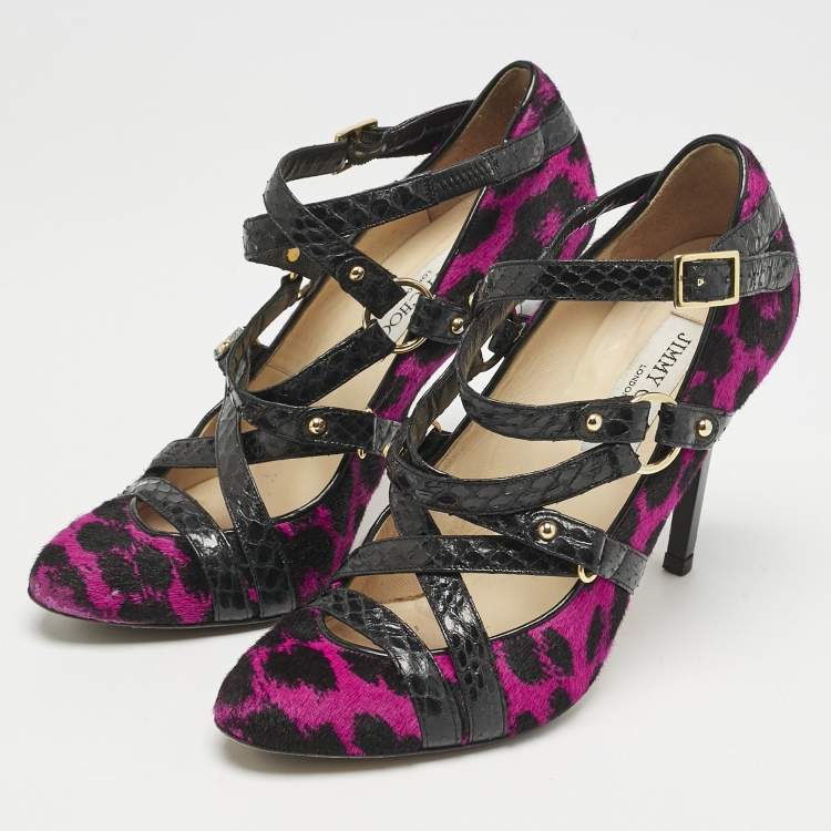 Pre Owned Jimmy Choo Black/Pink Animal Print Calf Hair and Snakeskin Jazz Strappy Pumps Size 37