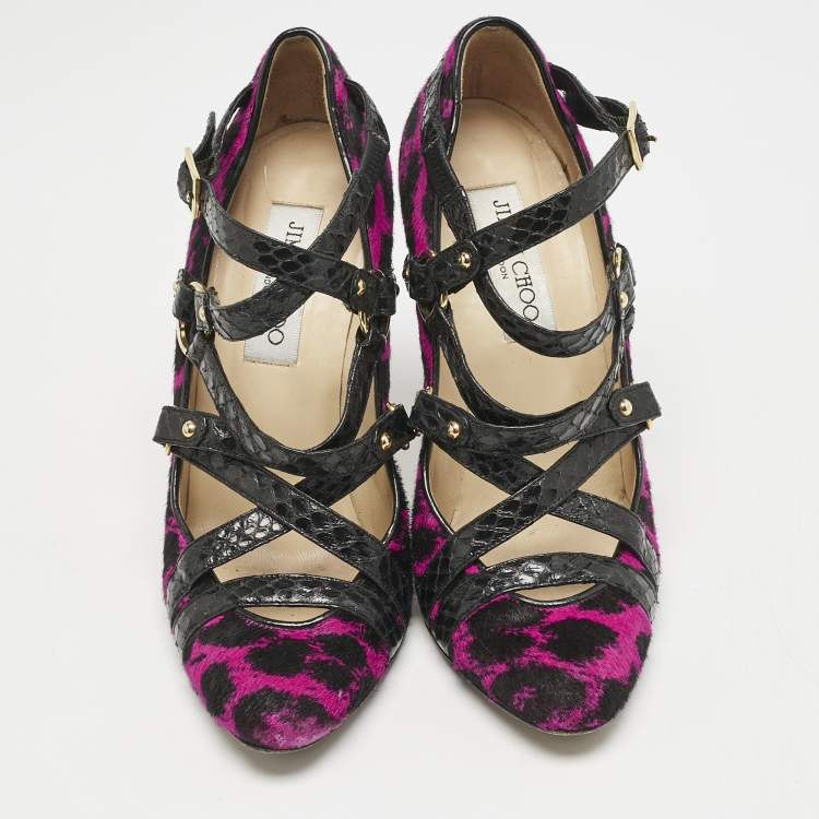 Pre Owned Jimmy Choo Black/Pink Animal Print Calf Hair and Snakeskin Jazz Strappy Pumps Size 37