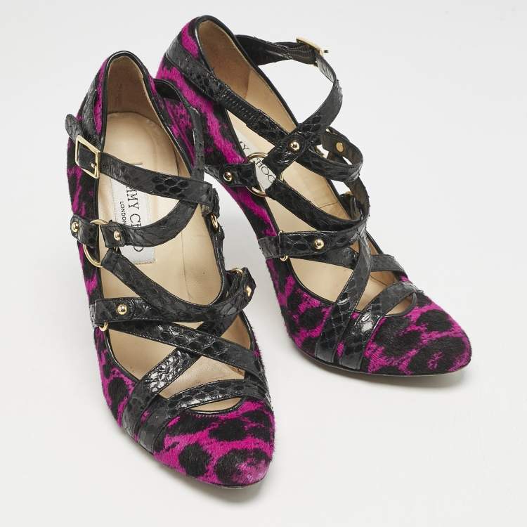 Pre Owned Jimmy Choo Black/Pink Animal Print Calf Hair and Snakeskin Jazz Strappy Pumps Size 37