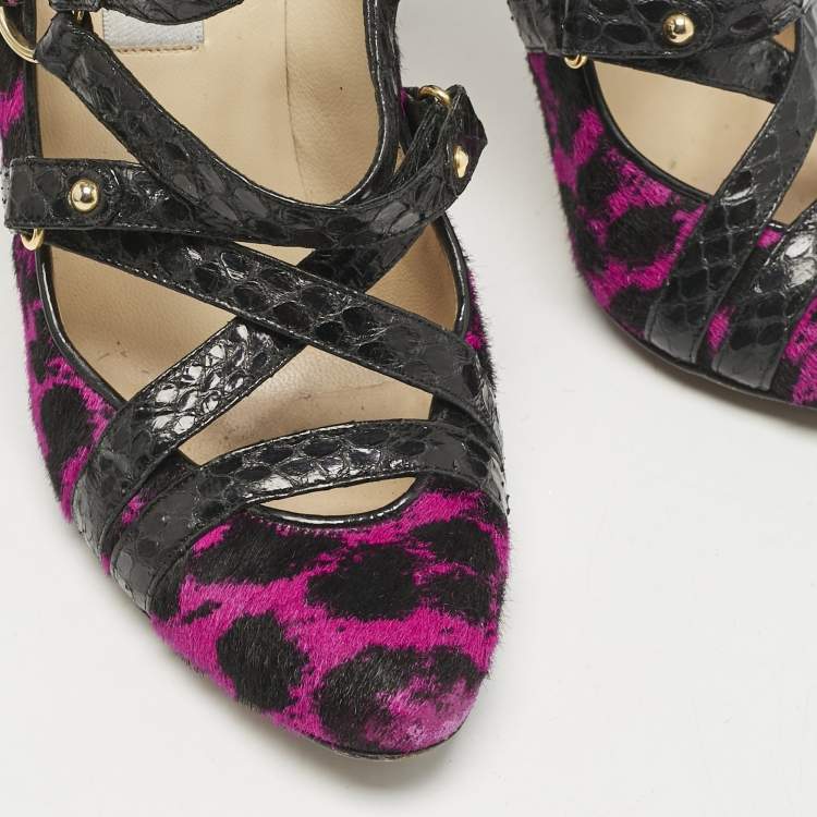 Pre Owned Jimmy Choo Black/Pink Animal Print Calf Hair and Snakeskin Jazz Strappy Pumps Size 37