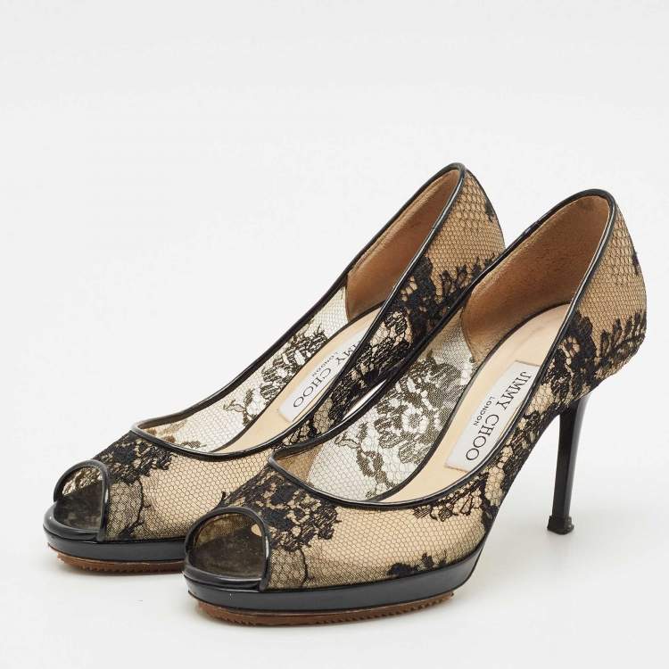 Pre Owned Jimmy Choo Black Lace Luna 100 Peep Toe Pumps Size 36