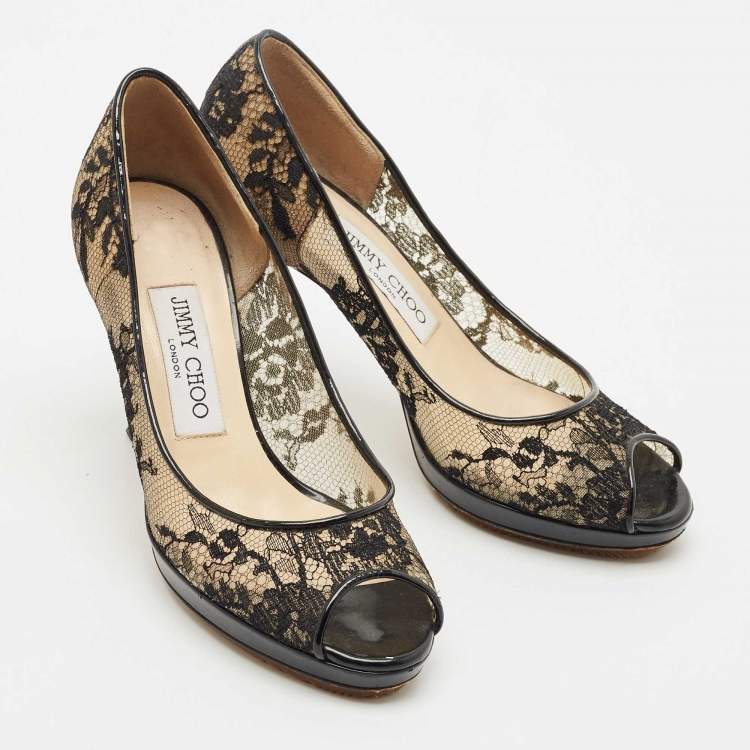 Pre Owned Jimmy Choo Black Lace Luna 100 Peep Toe Pumps Size 36