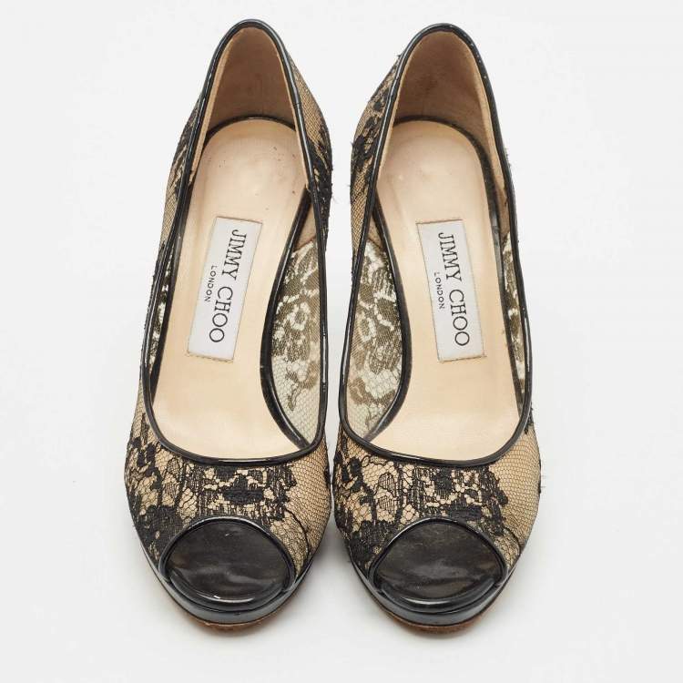 Pre Owned Jimmy Choo Black Lace Luna 100 Peep Toe Pumps Size 36