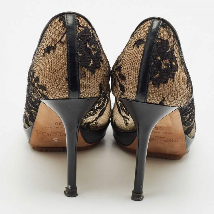 Pre Owned Jimmy Choo Black Lace Luna 100 Peep Toe Pumps Size 36