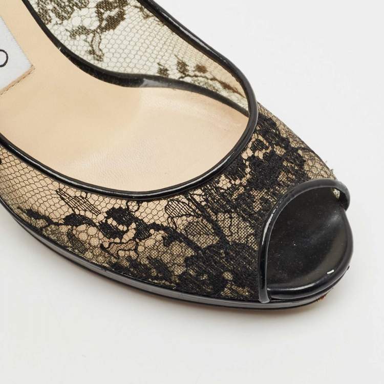 Pre Owned Jimmy Choo Black Lace Luna 100 Peep Toe Pumps Size 36
