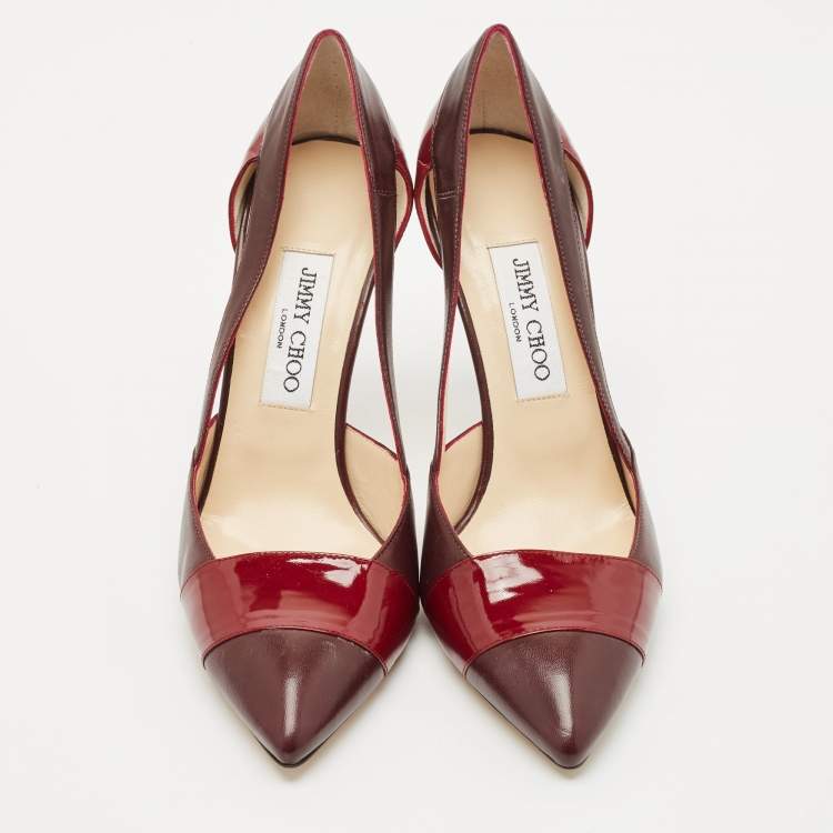 Pre Owned Jimmy Choo Burgundy/Red Patent and Leather Cut Out Pumps Size 38.5
