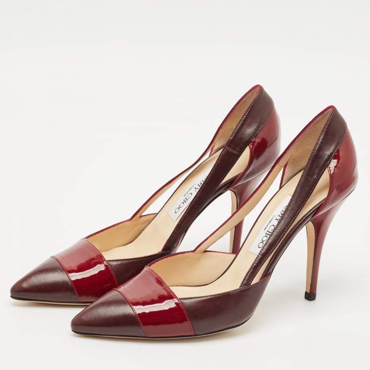 Pre Owned Jimmy Choo Burgundy/Red Patent and Leather Cut Out Pumps Size 38.5