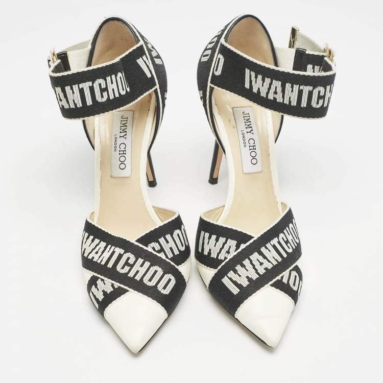 Pre Owned Jimmy Choo White/Black Leather and Fabric Bea Ankle Strap Pumps Size 40