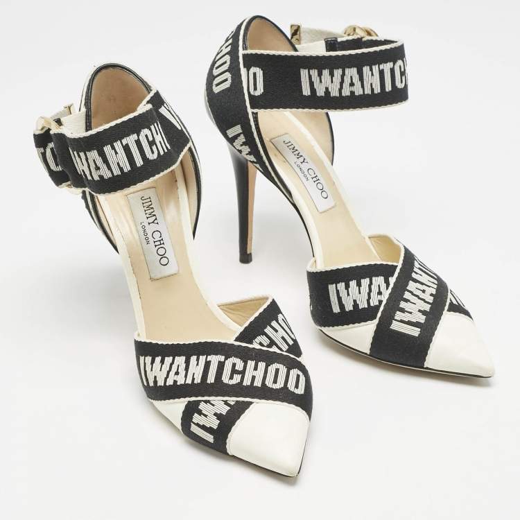 Pre Owned Jimmy Choo White/Black Leather and Fabric Bea Ankle Strap Pumps Size 40