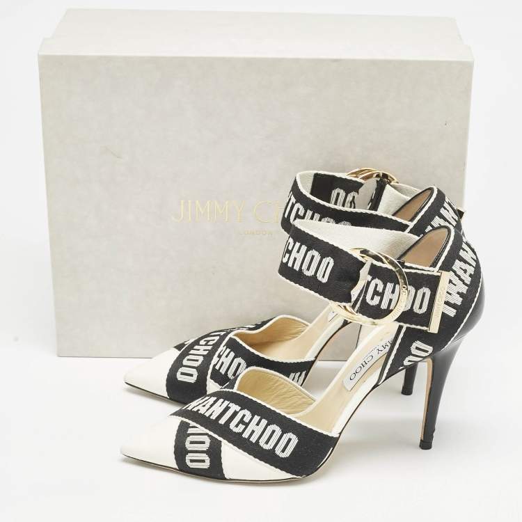 Pre Owned Jimmy Choo White/Black Leather and Fabric Bea Ankle Strap Pumps Size 40