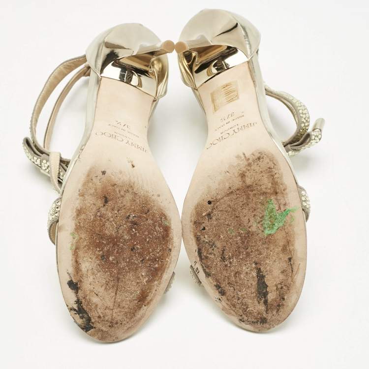 Pre Owned Jimmy Choo Grey Leather and Suede Escape Crystal T-Strap Sandals Size 37.5