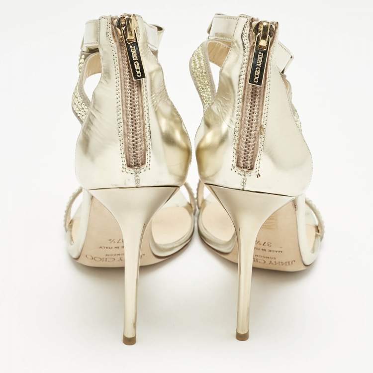 Pre Owned Jimmy Choo Grey Leather and Suede Escape Crystal T-Strap Sandals Size 37.5