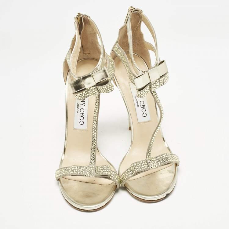 Pre Owned Jimmy Choo Grey Leather and Suede Escape Crystal T-Strap Sandals Size 37.5
