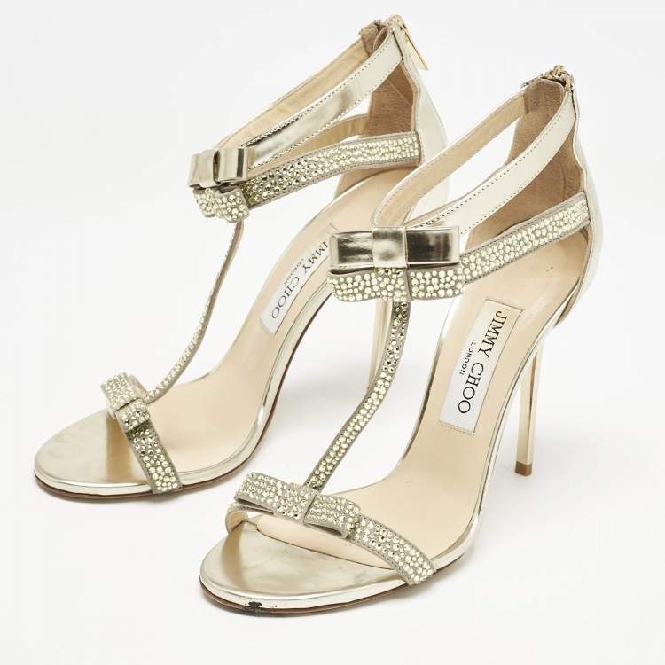 Pre Owned Jimmy Choo Grey Leather and Suede Escape Crystal T-Strap Sandals Size 37.5