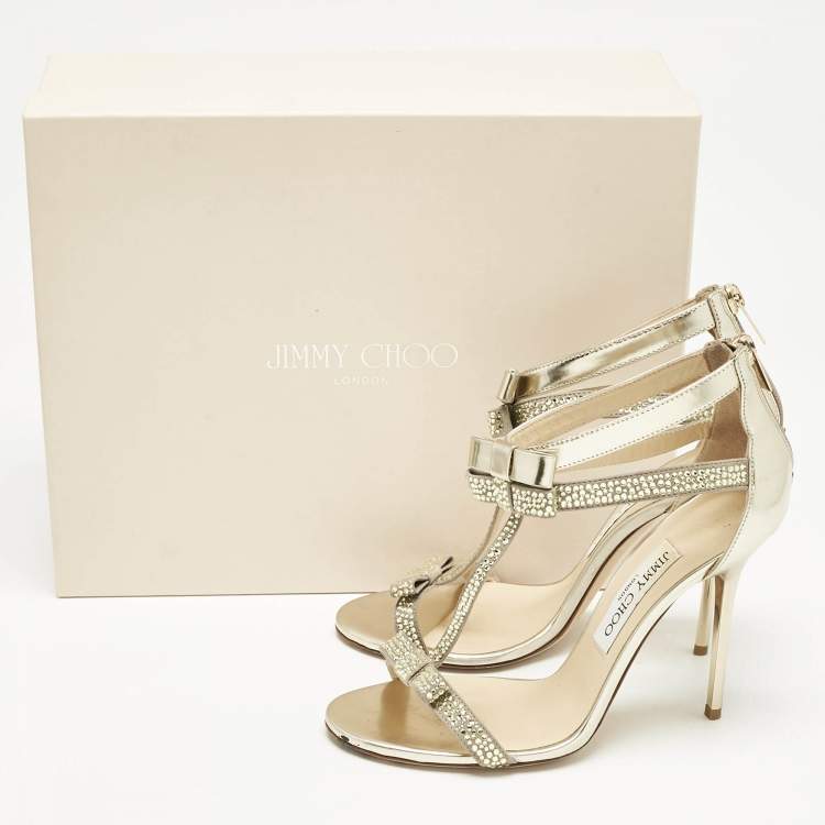 Pre Owned Jimmy Choo Grey Leather and Suede Escape Crystal T-Strap Sandals Size 37.5