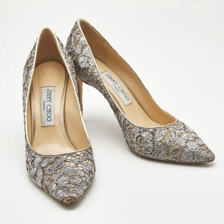 Pre Owned Jimmy Choo Grey/Beige Lace Romy Pumps Size 38.5