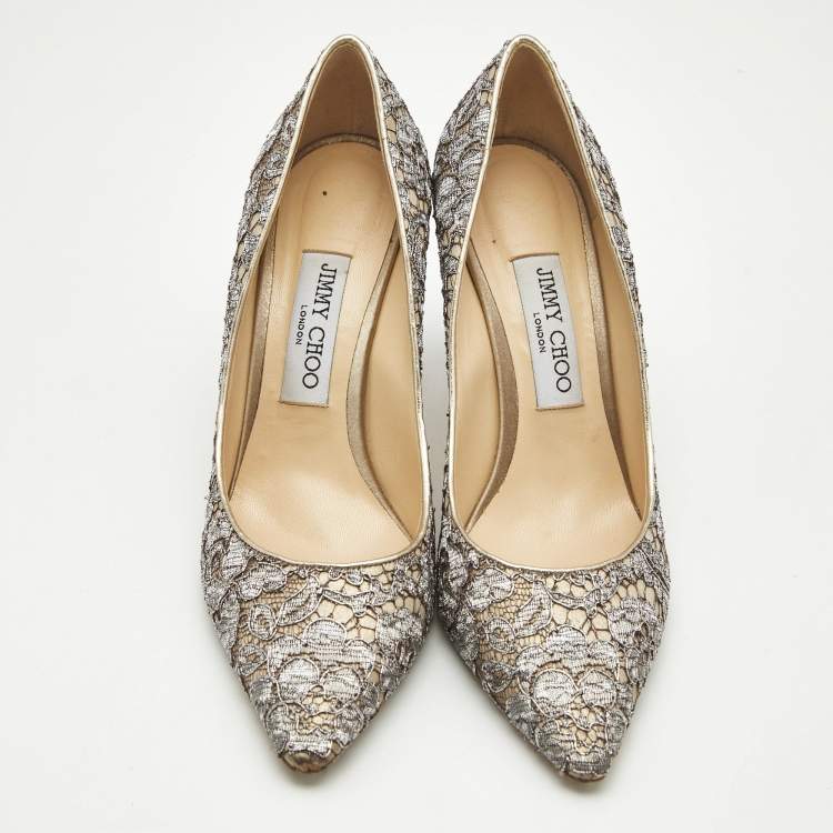 Pre Owned Jimmy Choo Grey/Beige Lace Romy Pumps Size 38.5