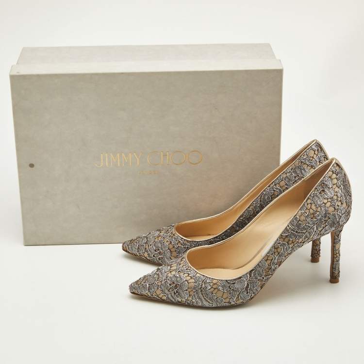 Pre Owned Jimmy Choo Grey/Beige Lace Romy Pumps Size 38.5